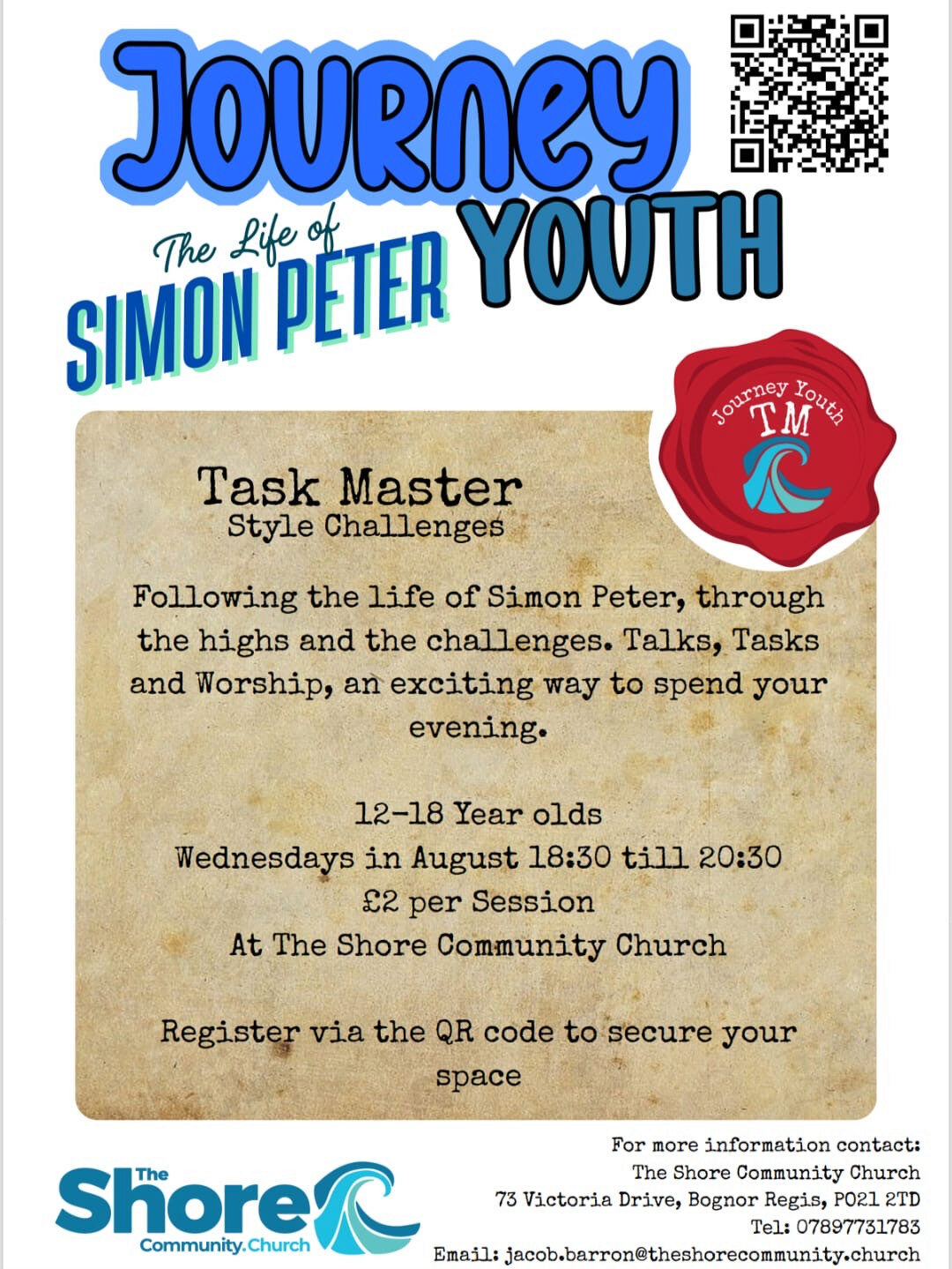 Journey Youth, the life of Simon Peter! Every Wednesday in August, 6:30-8:30pm